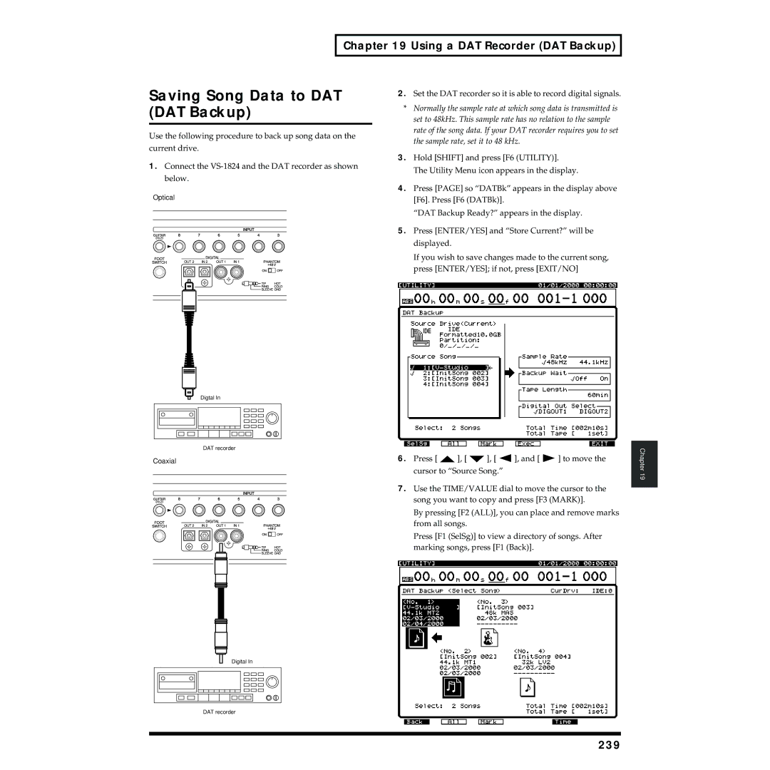 Roland VS-1824 owner manual Saving Song Data to DAT DAT Backup, Using a DAT Recorder DAT Backup, 239 