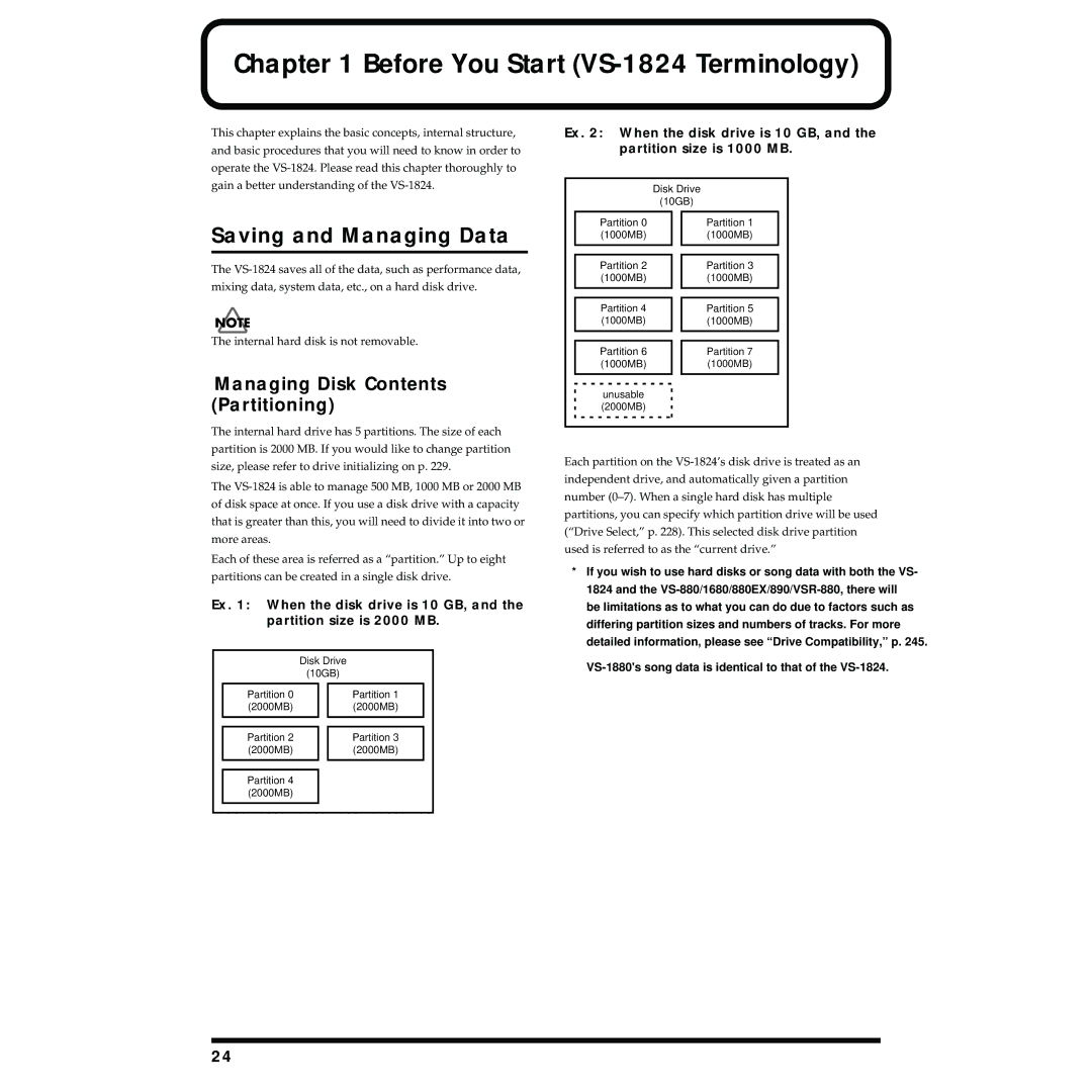 Roland VS-1824 owner manual Saving and Managing Data, Managing Disk Contents Partitioning 