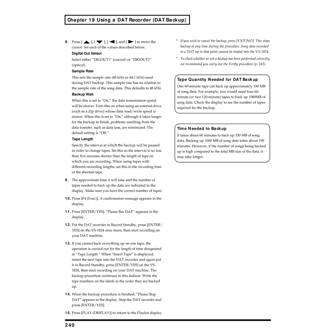 Roland VS-1824 owner manual 240, Tape Quantity Needed for DAT Backup, Time Needed to Backup 