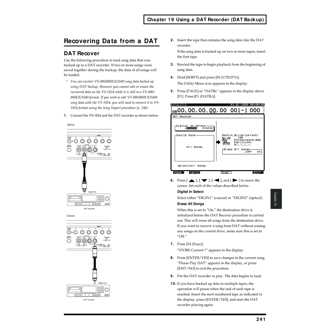 Roland VS-1824 owner manual Recovering Data from a DAT, DAT Recover, 241, Digital In Select 