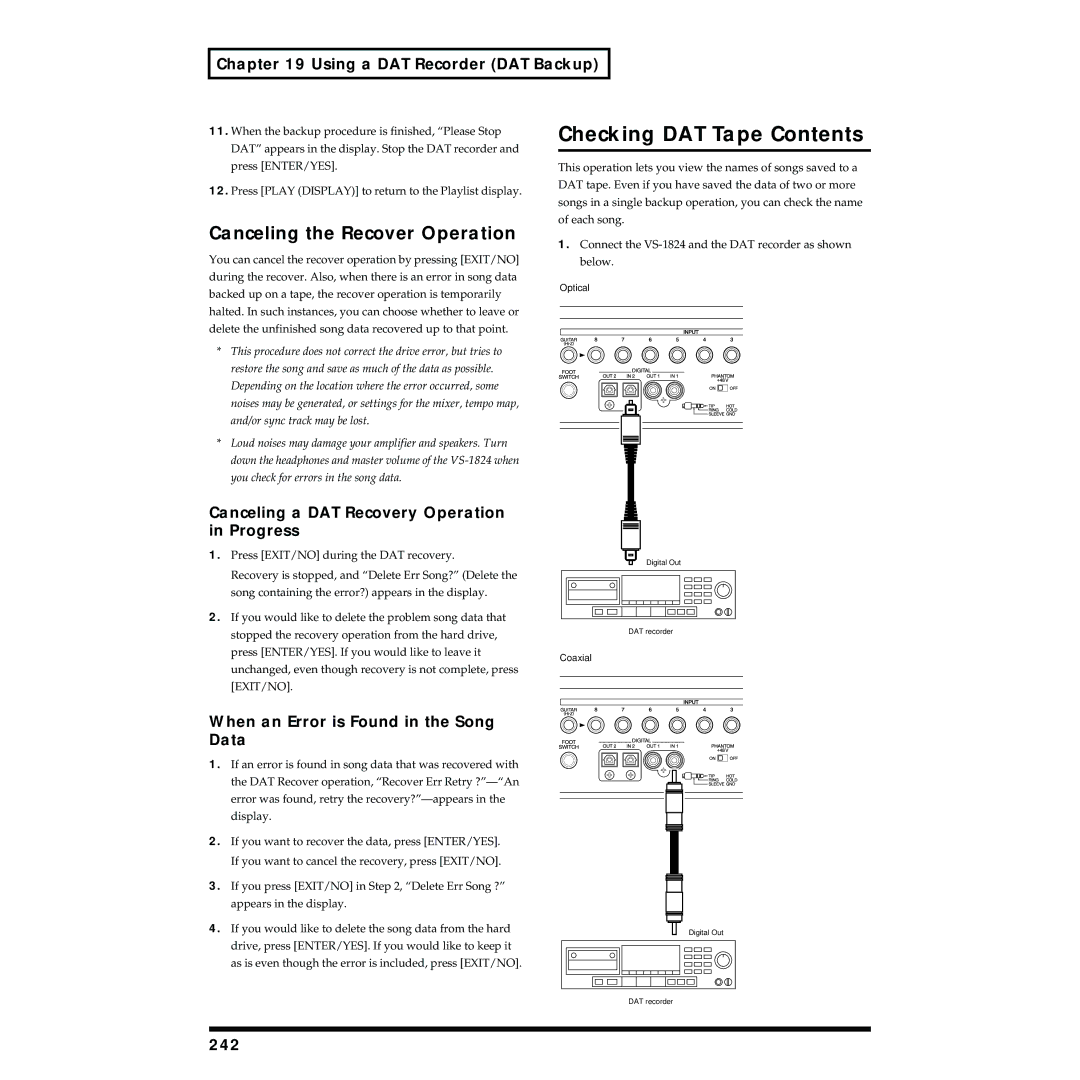 Roland VS-1824 owner manual Checking DAT Tape Contents 
