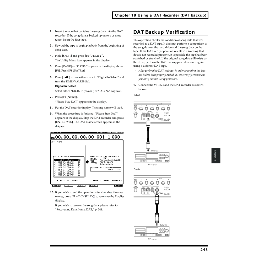 Roland VS-1824 owner manual DAT Backup Verification, 243 