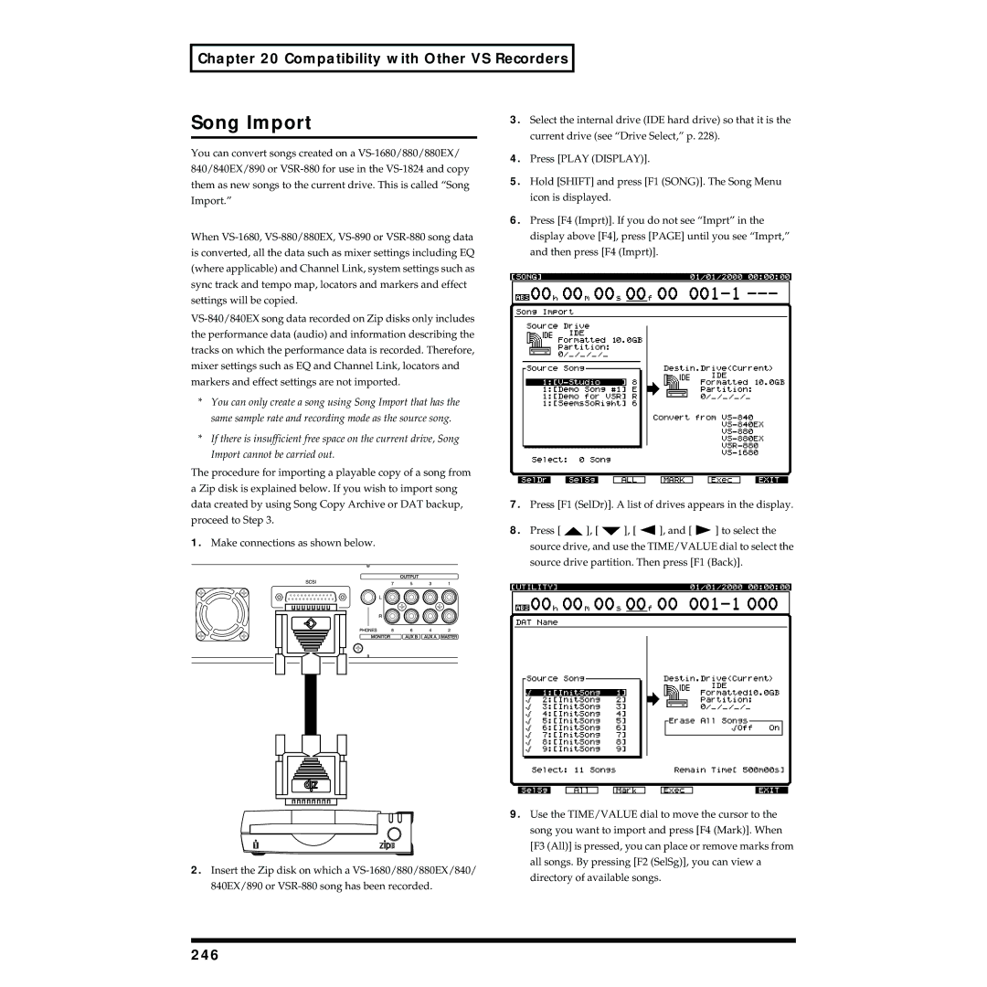 Roland VS-1824 owner manual Song Import, Compatibility with Other VS Recorders, 246 