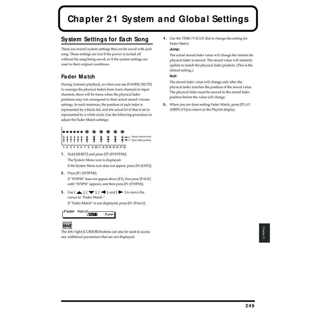 Roland VS-1824 owner manual System and Global Settings, System Settings for Each Song, Fader Match, 249 