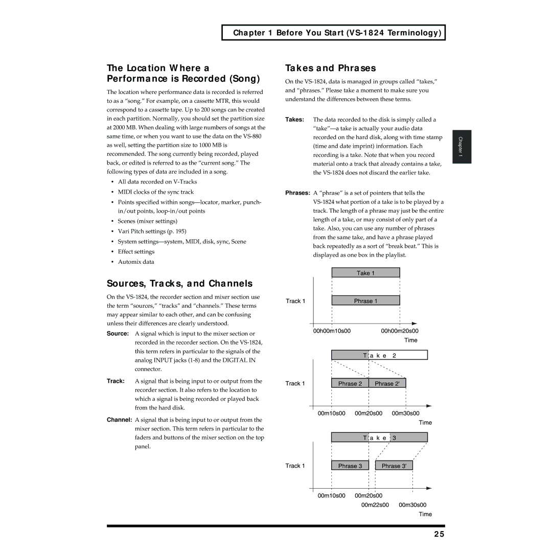 Roland VS-1824 owner manual Location Where a Performance is Recorded Song, Takes and Phrases, Sources, Tracks, and Channels 