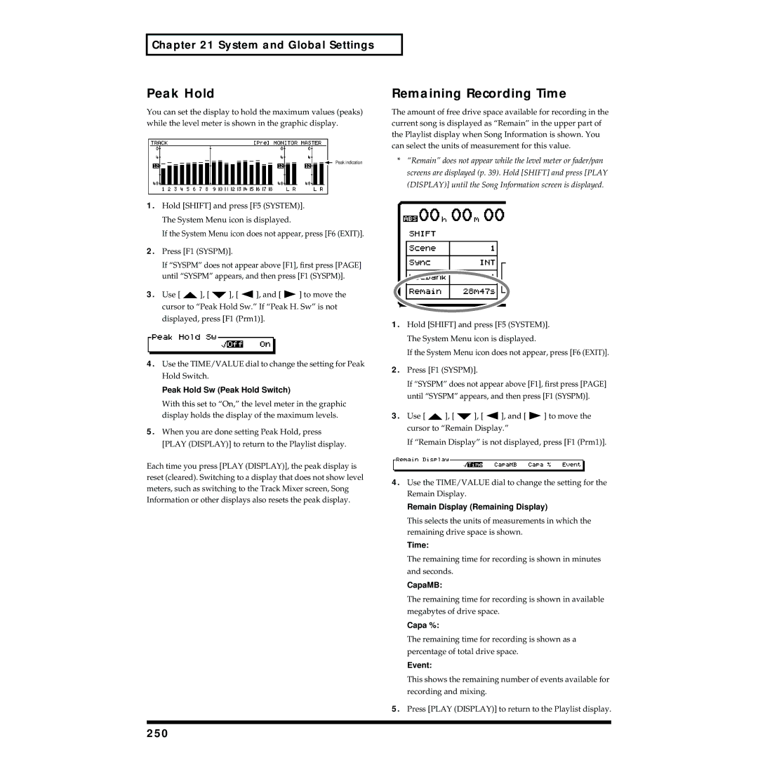 Roland VS-1824 owner manual Remaining Recording Time, System and Global Settings, 250, Peak Hold Sw Peak Hold Switch 