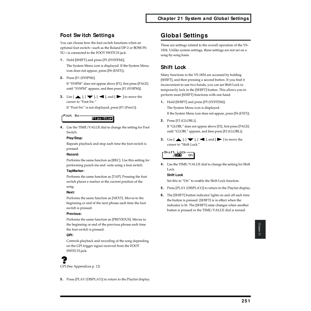 Roland VS-1824 owner manual Global Settings, Foot Switch Settings, Shift Lock, 251 