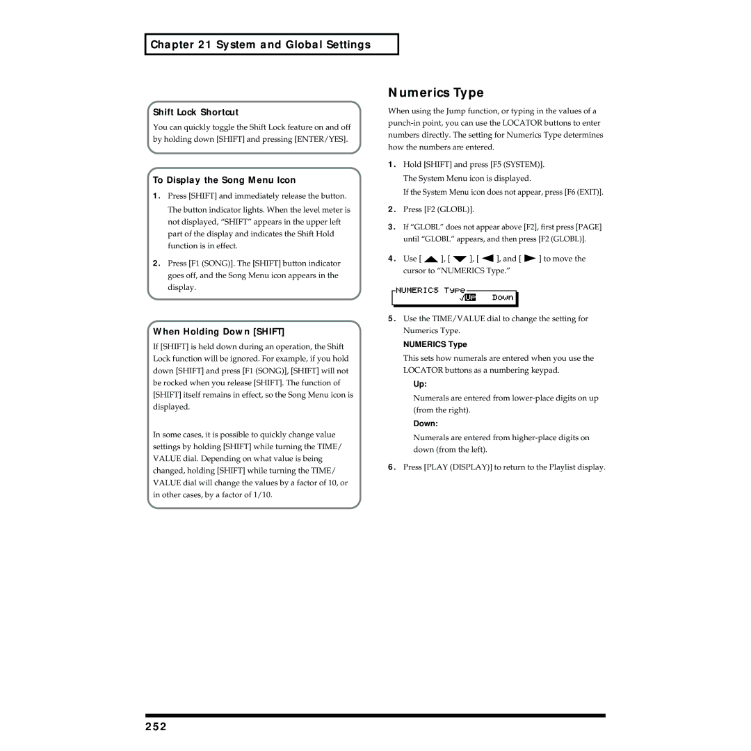 Roland VS-1824 owner manual Numerics Type, 252, Shift Lock Shortcut, To Display the Song Menu Icon, When Holding Down Shift 