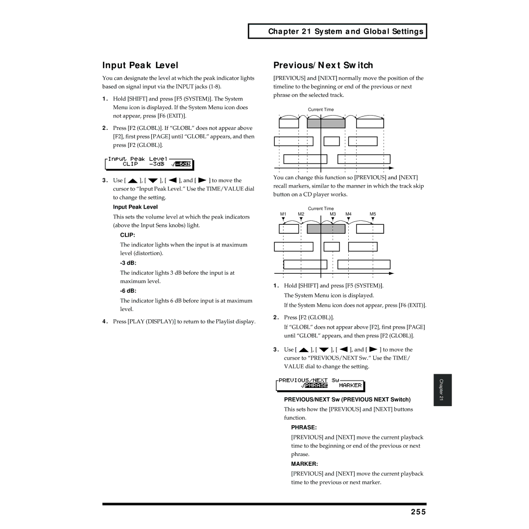 Roland VS-1824 owner manual Input Peak Level, Previous/Next Switch, 255 