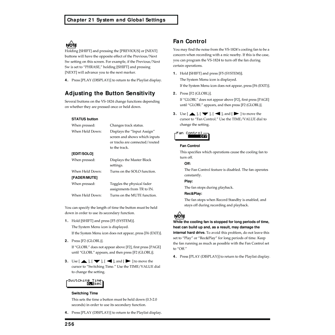 Roland VS-1824 owner manual Fan Control, Adjusting the Button Sensitivity, 256, Edit/Solo, Fader/Mute 