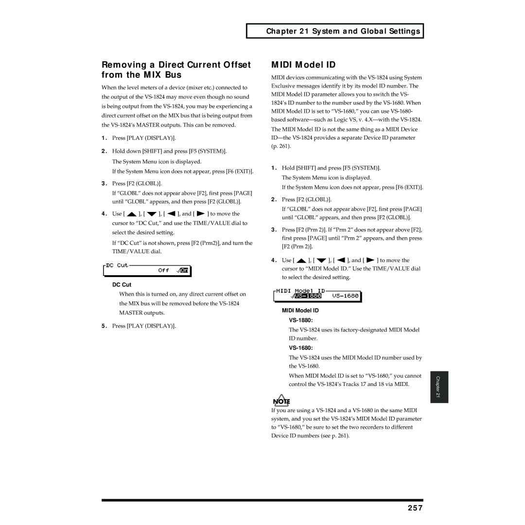 Roland VS-1824 owner manual Removing a Direct Current Offset from the MIX Bus, Midi Model ID, 257 