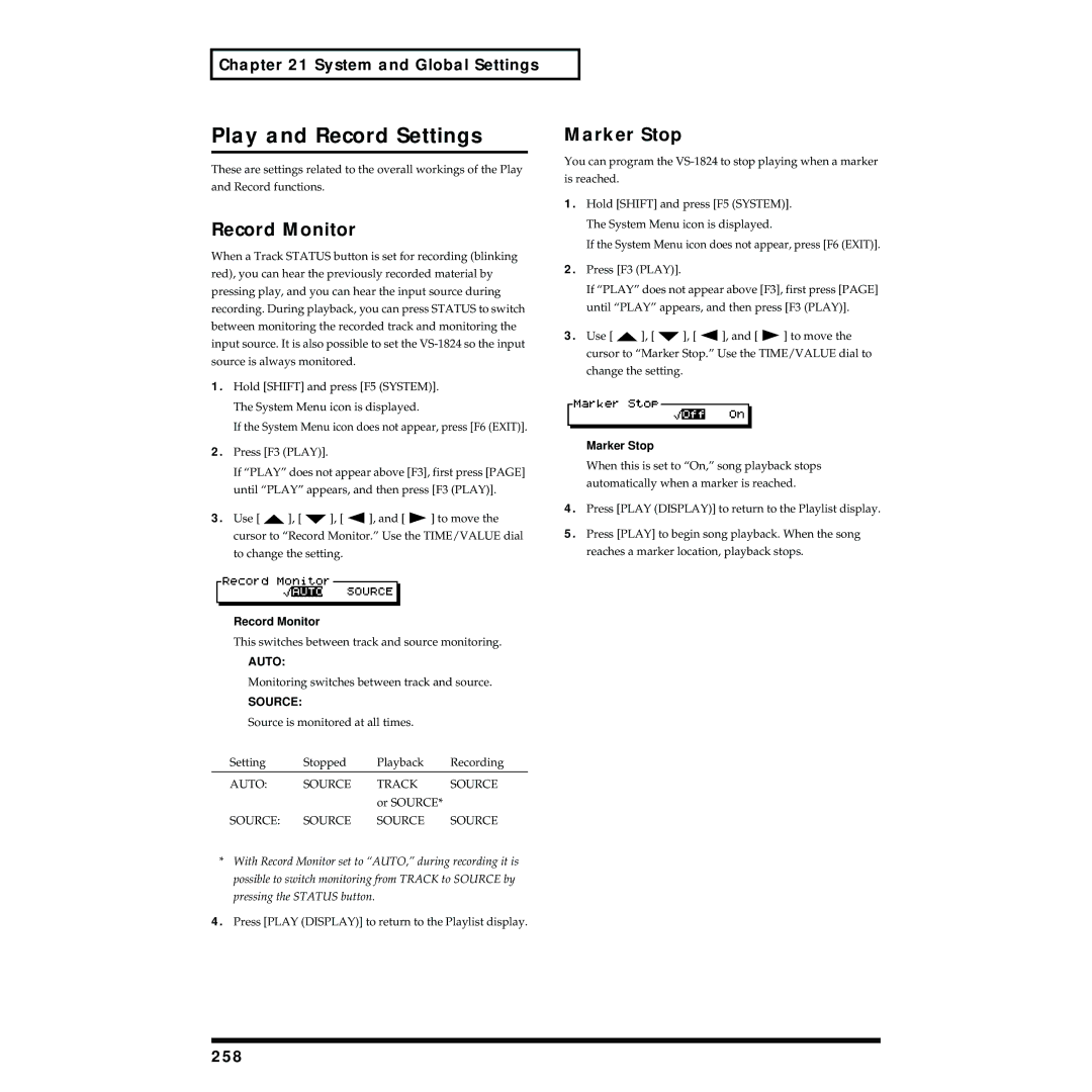 Roland VS-1824 owner manual Play and Record Settings, Record Monitor, Marker Stop, 258, Auto 