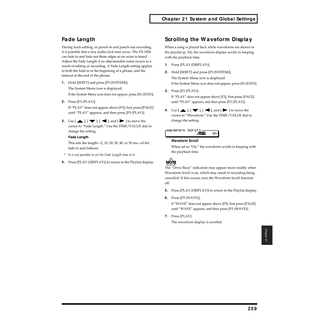 Roland VS-1824 owner manual Fade Length, Scrolling the Waveform Display, 259, Waveform Scroll 