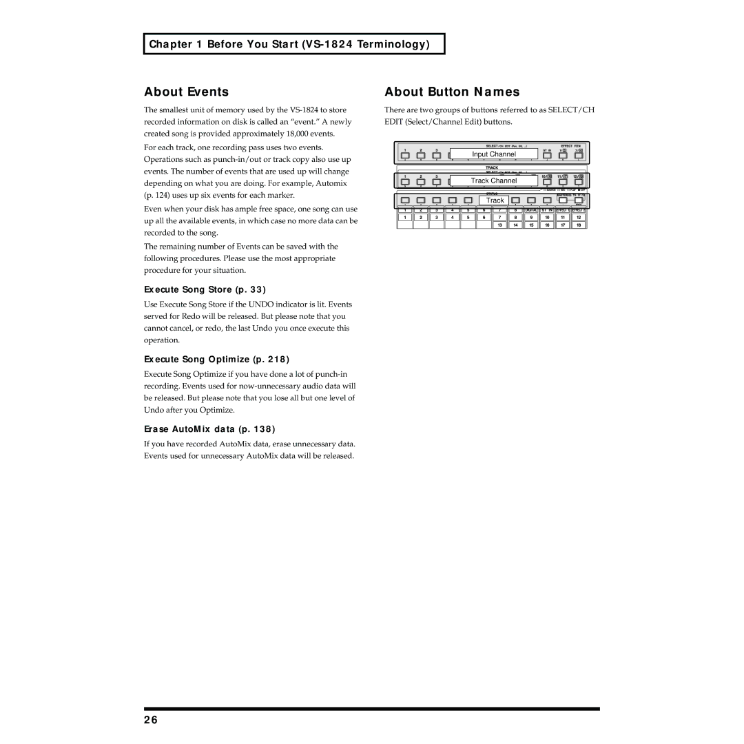 Roland VS-1824 About Events About Button Names, Execute Song Store p, Execute Song Optimize p, Erase AutoMix data p 