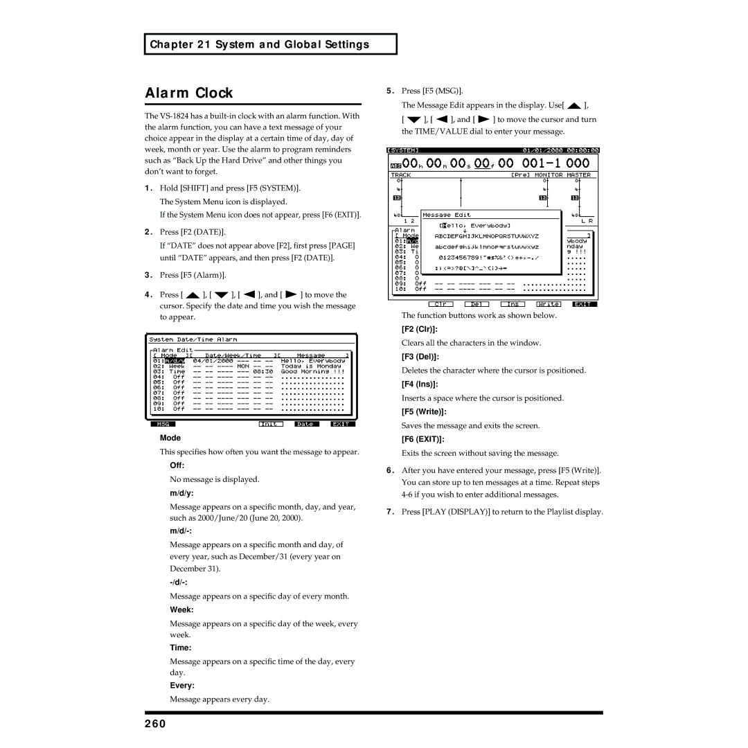 Roland VS-1824 owner manual Alarm Clock, 260, Mode, Week, Every 