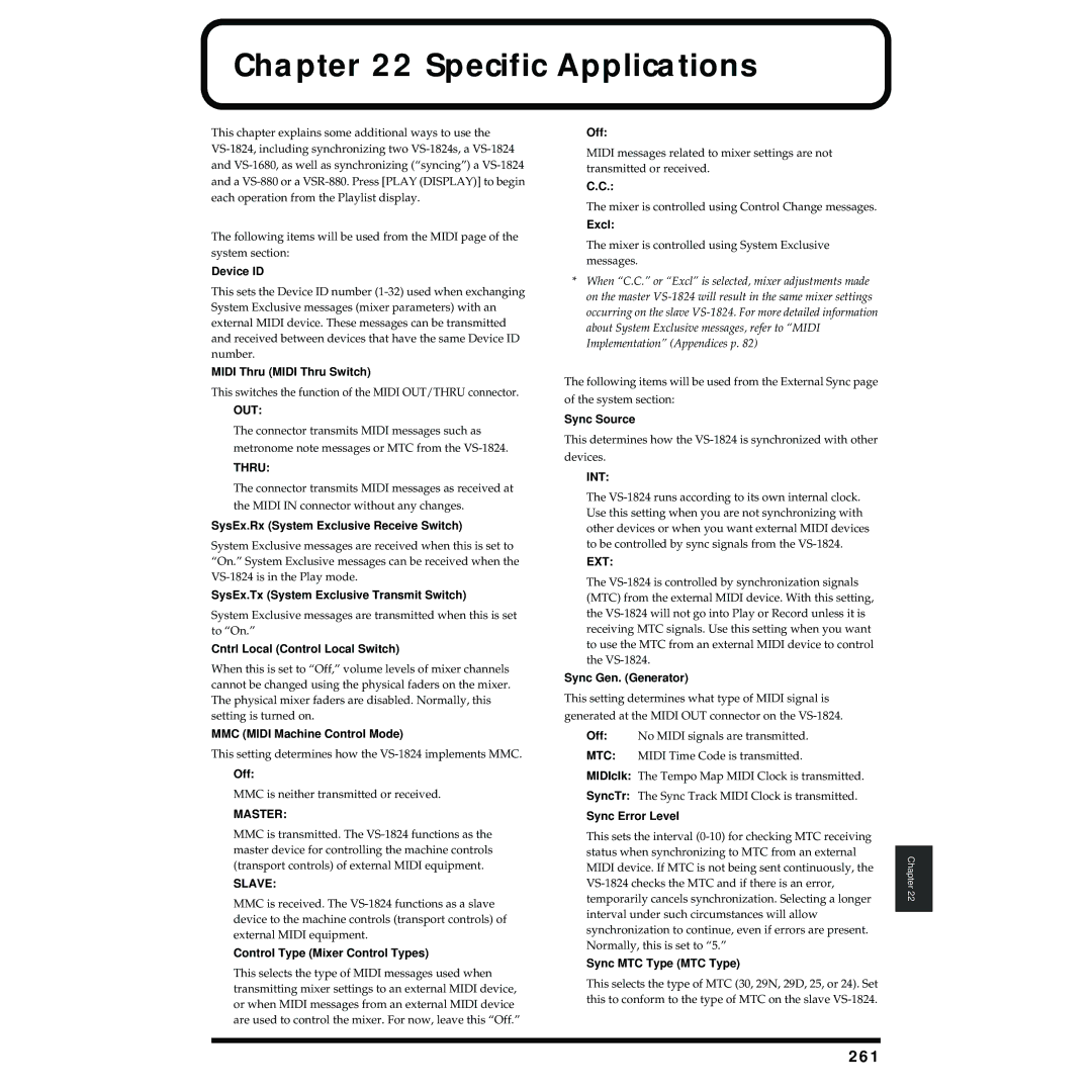 Roland VS-1824 owner manual Specific Applications, 261 