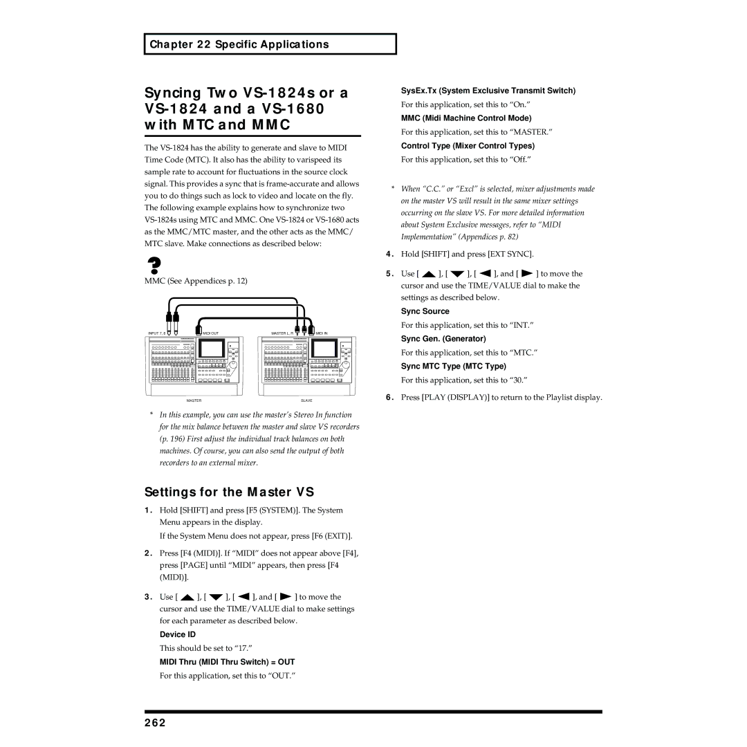 Roland VS-1824 owner manual Settings for the Master VS, Specific Applications, 262, Midi Thru Midi Thru Switch = OUT 