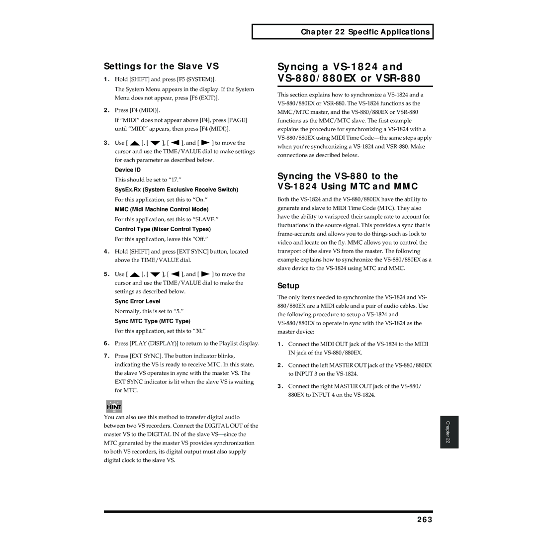 Roland owner manual Syncing a VS-1824 and VS-880/880EX or VSR-880, Settings for the Slave VS, Setup, 263 