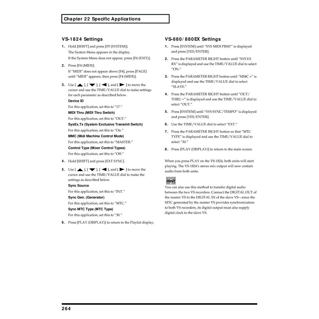 Roland owner manual Specific Applications VS-1824 Settings, VS-880/880EX Settings, 264 