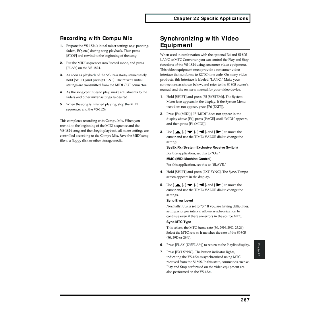 Roland VS-1824 owner manual Synchronizing with Video Equipment, Recording with Compu Mix, 267, MMC Midi Machine Control 