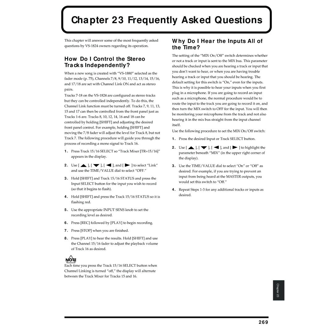 Roland VS-1824 owner manual Frequently Asked Questions, How Do I Control the Stereo Tracks Independently?, 269 