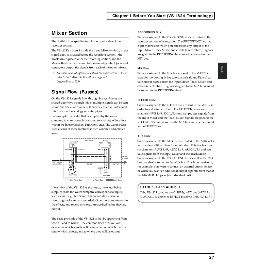 Roland VS-1824 owner manual Signal Flow Busses, Effect bus and AUX bus 