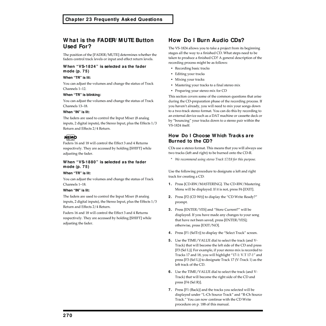 Roland VS-1824 What is the FADER/MUTE Button Used For?, How Do I Burn Audio CDs?, Frequently Asked Questions, 270 