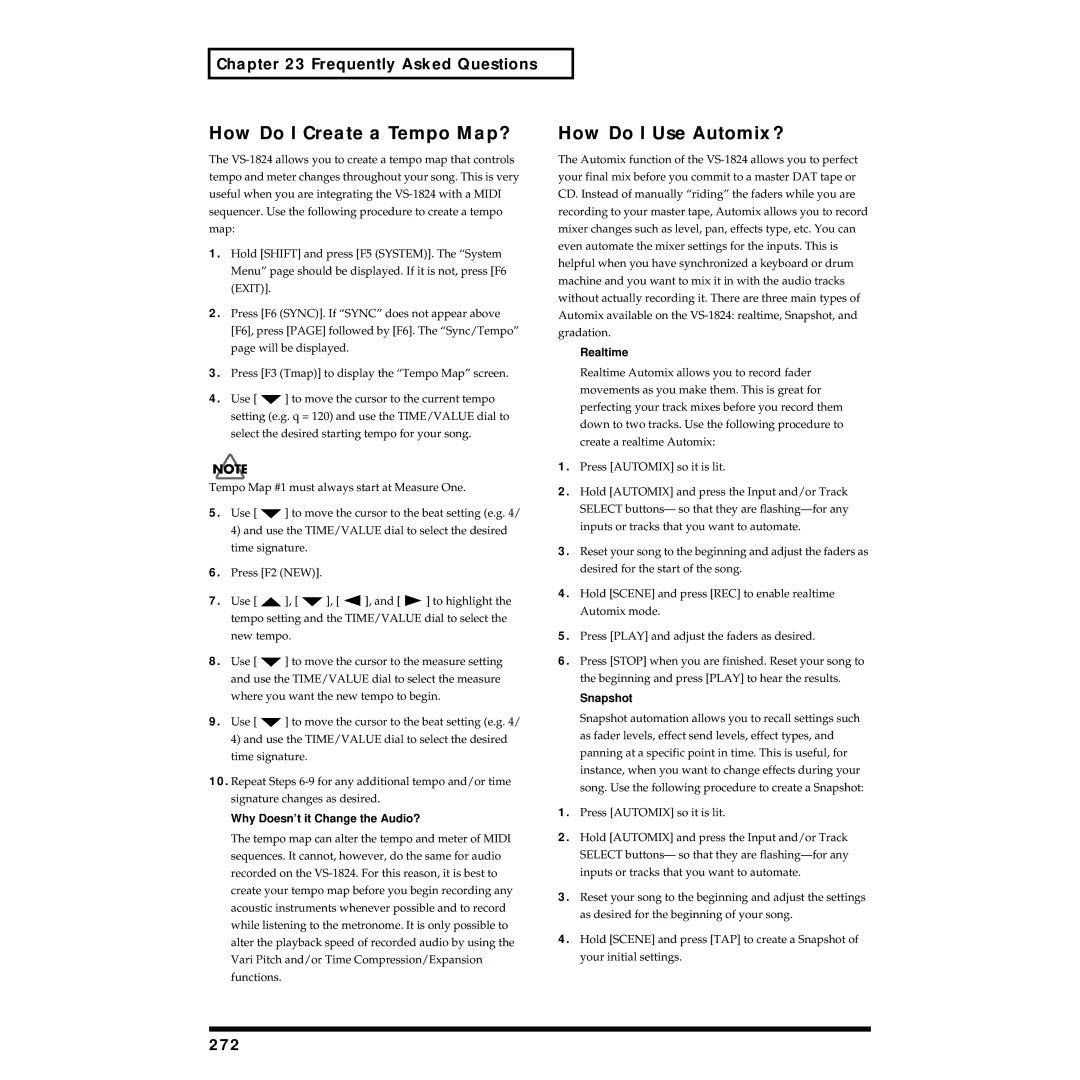 Roland VS-1824 owner manual How Do I Create a Tempo Map?, How Do I Use Automix?, 272 