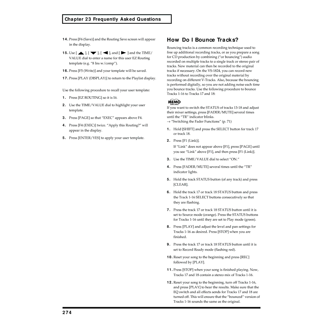 Roland VS-1824 owner manual How Do I Bounce Tracks?, 274 