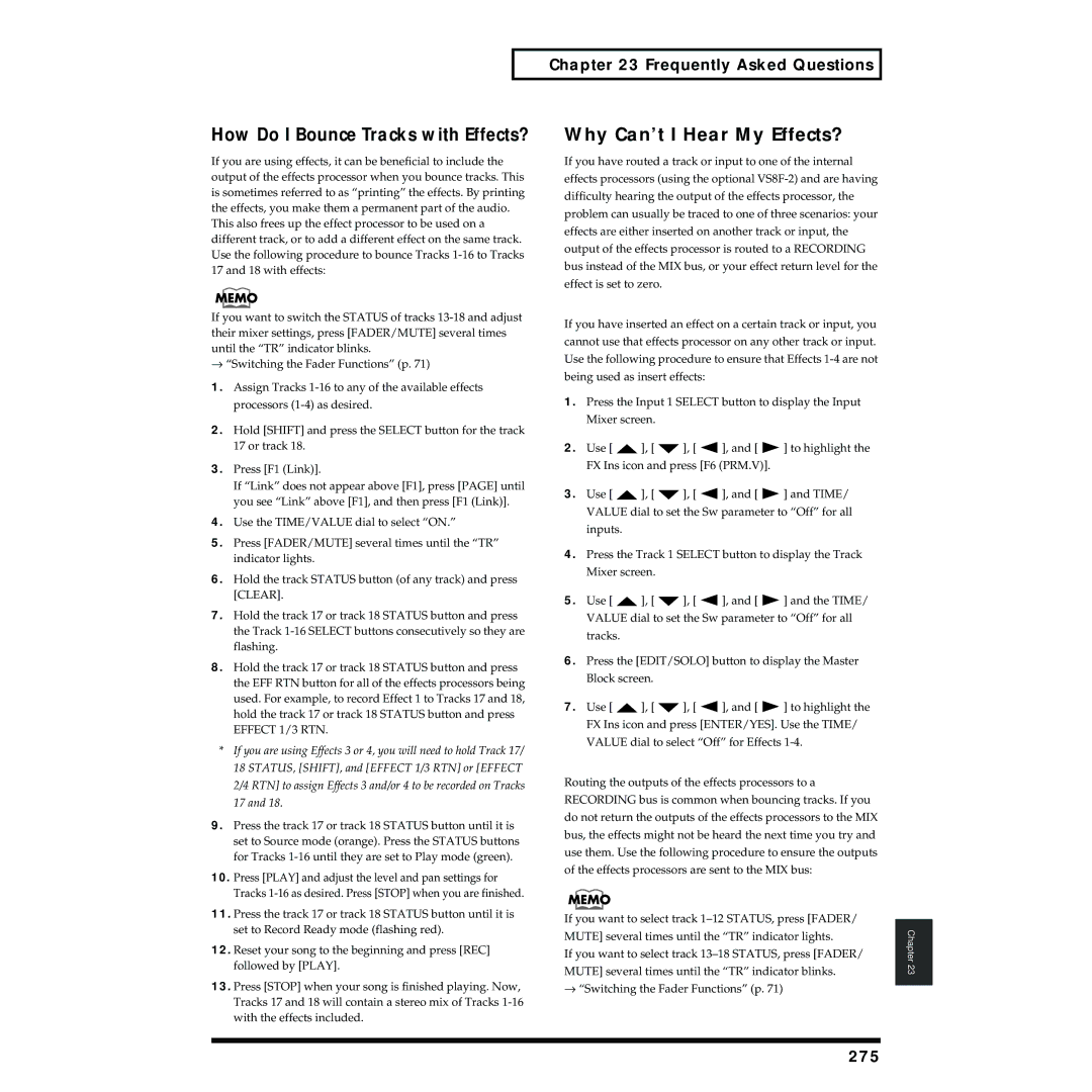 Roland VS-1824 owner manual How Do I Bounce Tracks with Effects?, Why Can’t I Hear My Effects?, 275 