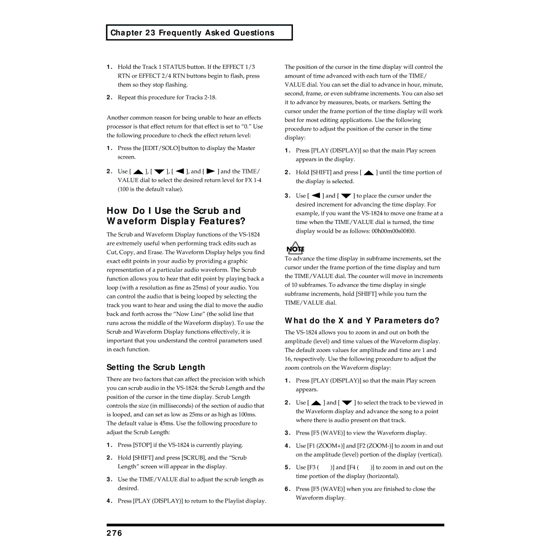 Roland VS-1824 owner manual How Do I Use the Scrub and Waveform Display Features?, Setting the Scrub Length, 276 