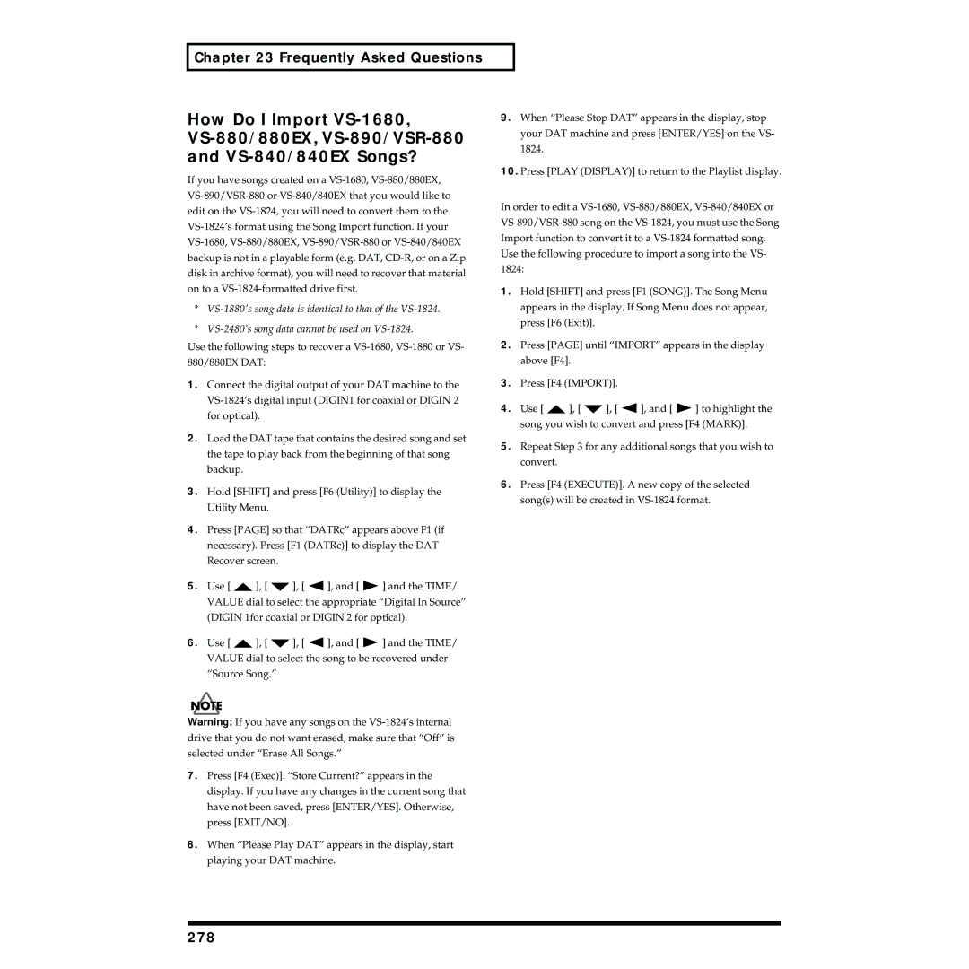 Roland VS-1824 owner manual How Do I Import VS-1680, VS-880/880EX, VS-890/VSR-880, VS-840/840EX Songs?, 278 