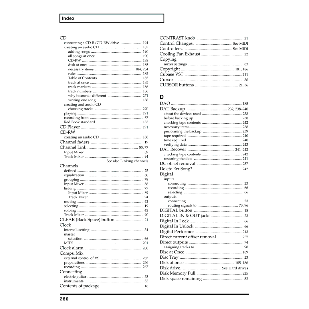 Roland VS-1824 owner manual Index, 280 