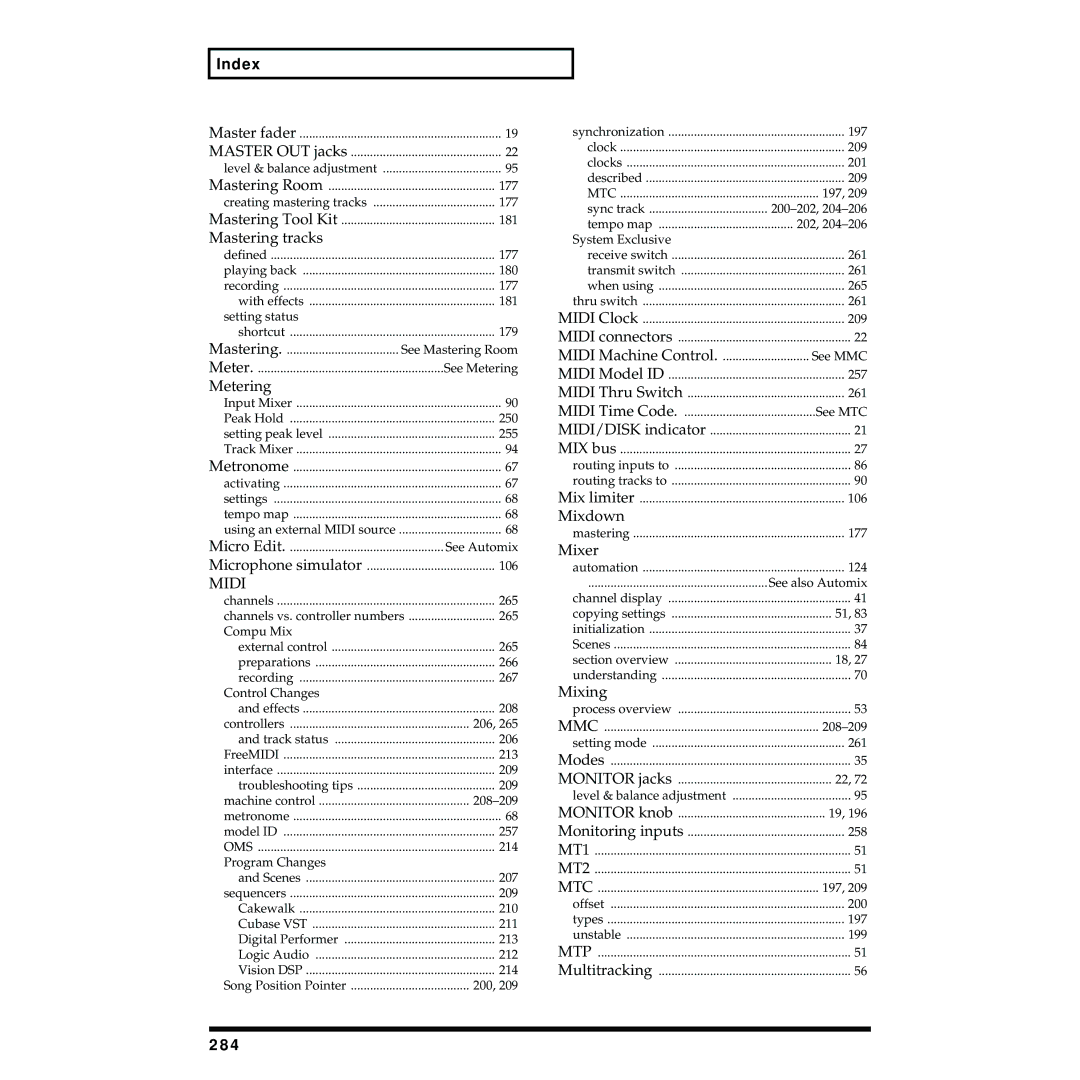 Roland VS-1824 owner manual Mastering tracks, 284 