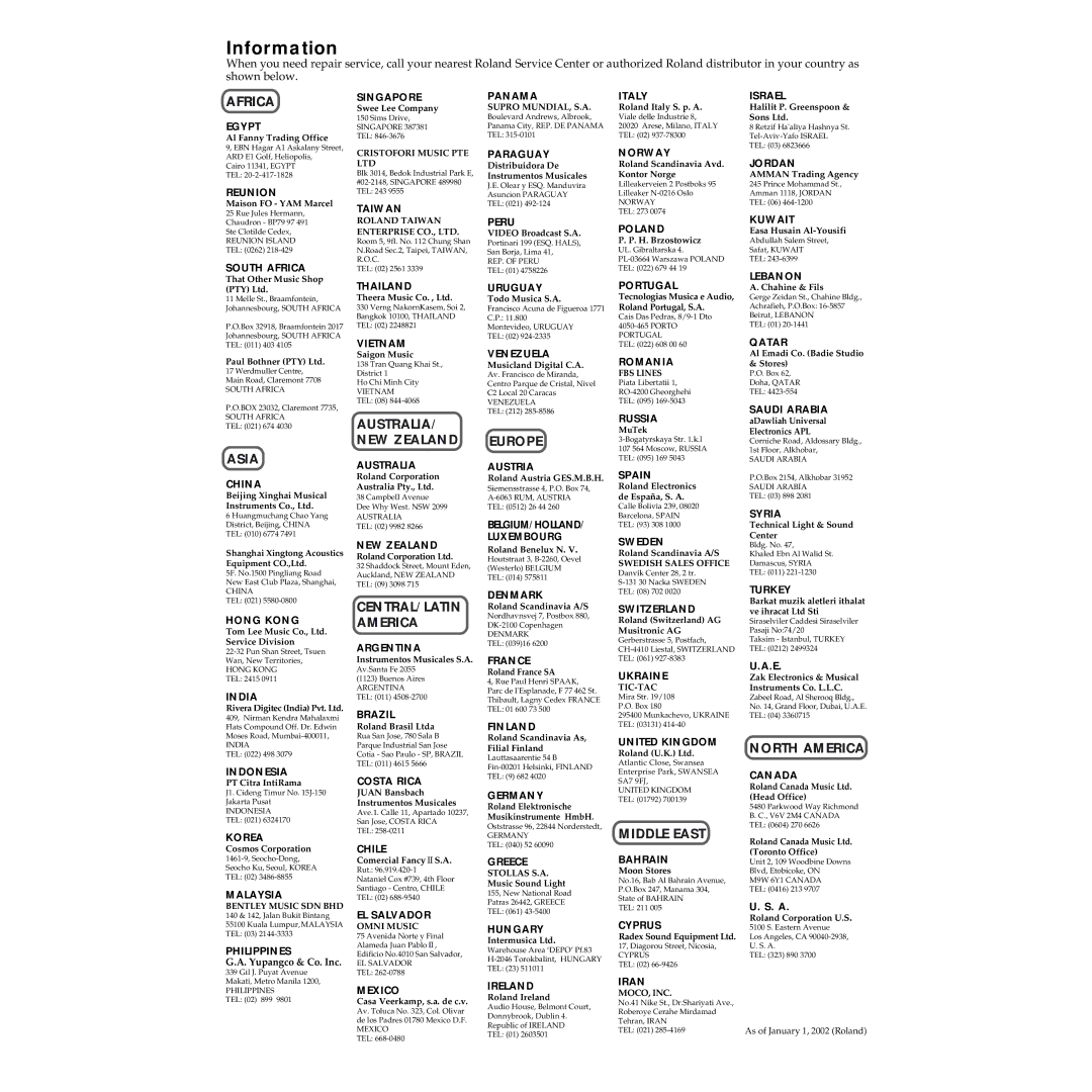 Roland VS-1824 owner manual Information, Africa 