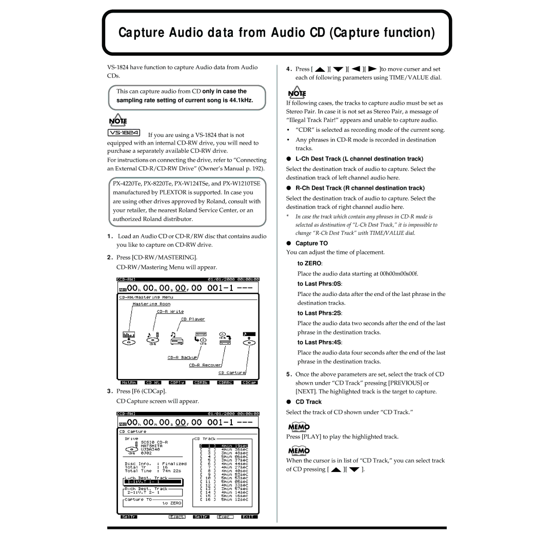 Roland VS-1824 owner manual Capture Audio data from Audio CD Capture function 