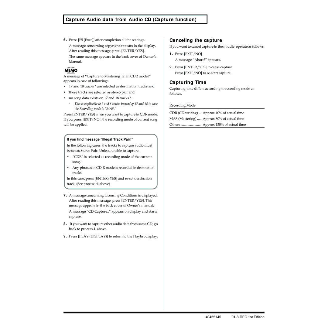 Roland VS-1824 owner manual Capture Audio data from Audio CD Capture function, If you find message Illegal Track Pair 