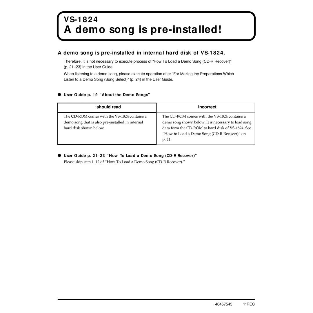 Roland owner manual Demo song is pre-installed in internal hard disk of VS-1824 