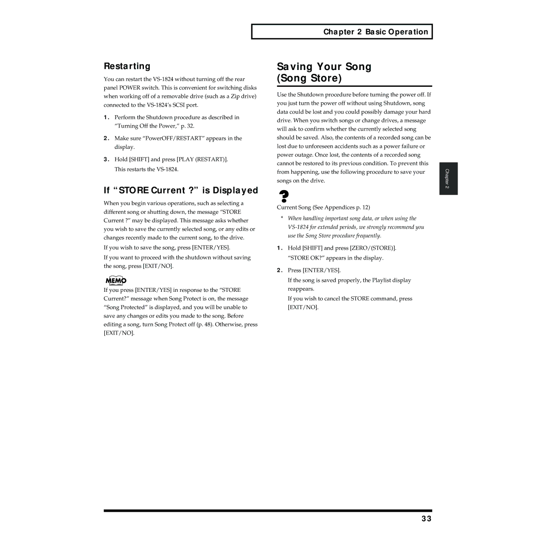 Roland VS-1824 owner manual Saving Your Song Song Store, Restarting, If Store Current ? is Displayed, Basic Operation 