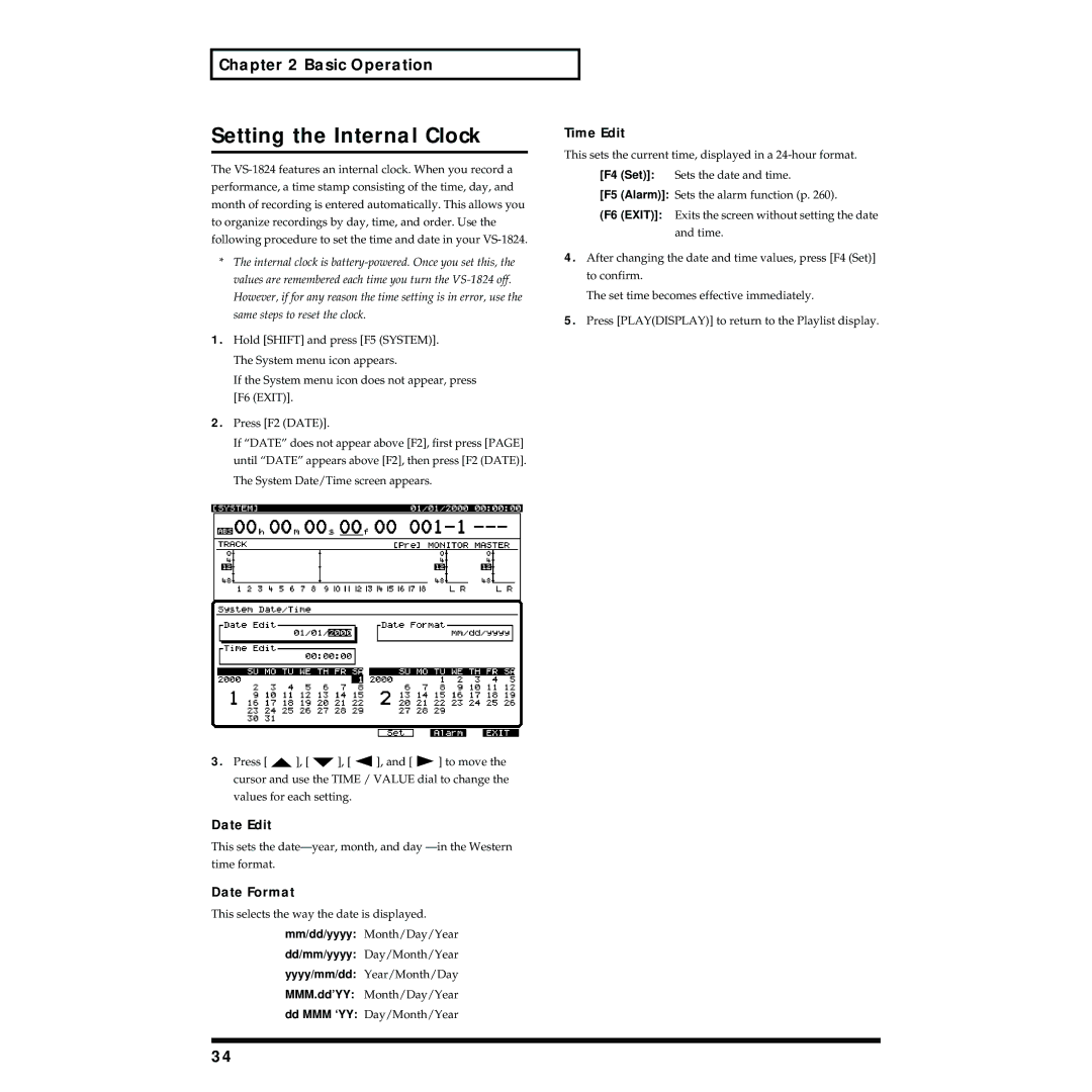 Roland VS-1824 owner manual Setting the Internal Clock, Date Edit, Date Format, Time Edit 