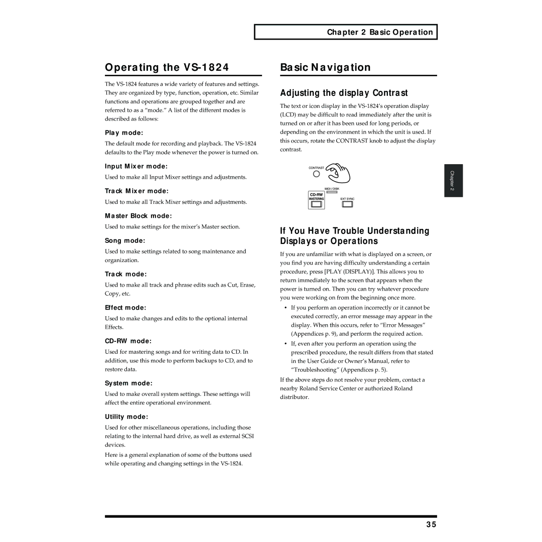 Roland owner manual Operating the VS-1824, Basic Navigation, Adjusting the display Contrast 