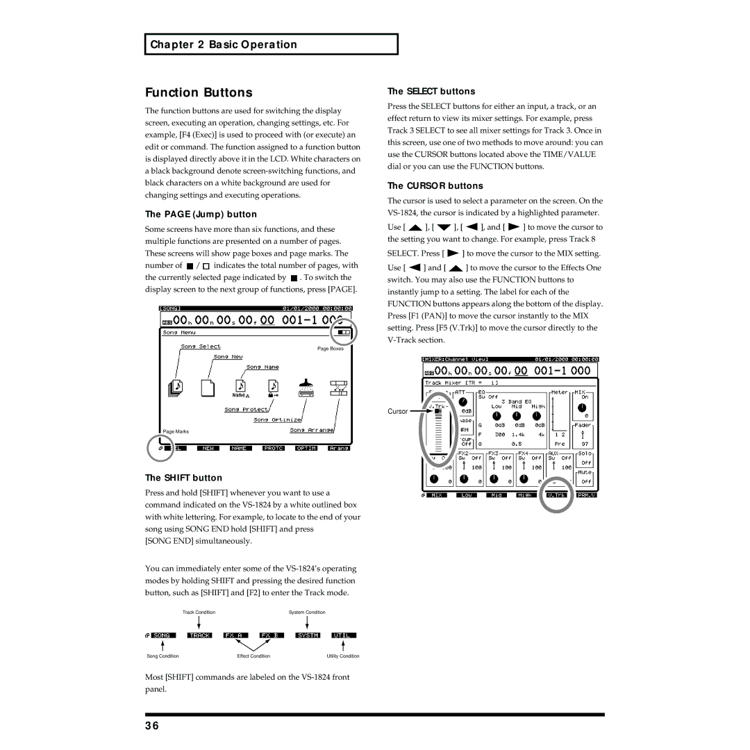 Roland VS-1824 owner manual Function Buttons, Jump button, Shift button, Select buttons, Cursor buttons 