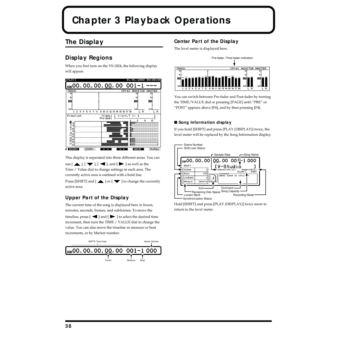 Roland VS-1824 owner manual Playback Operations, Display Regions, Center Part of the Display, Upper Part of the Display 