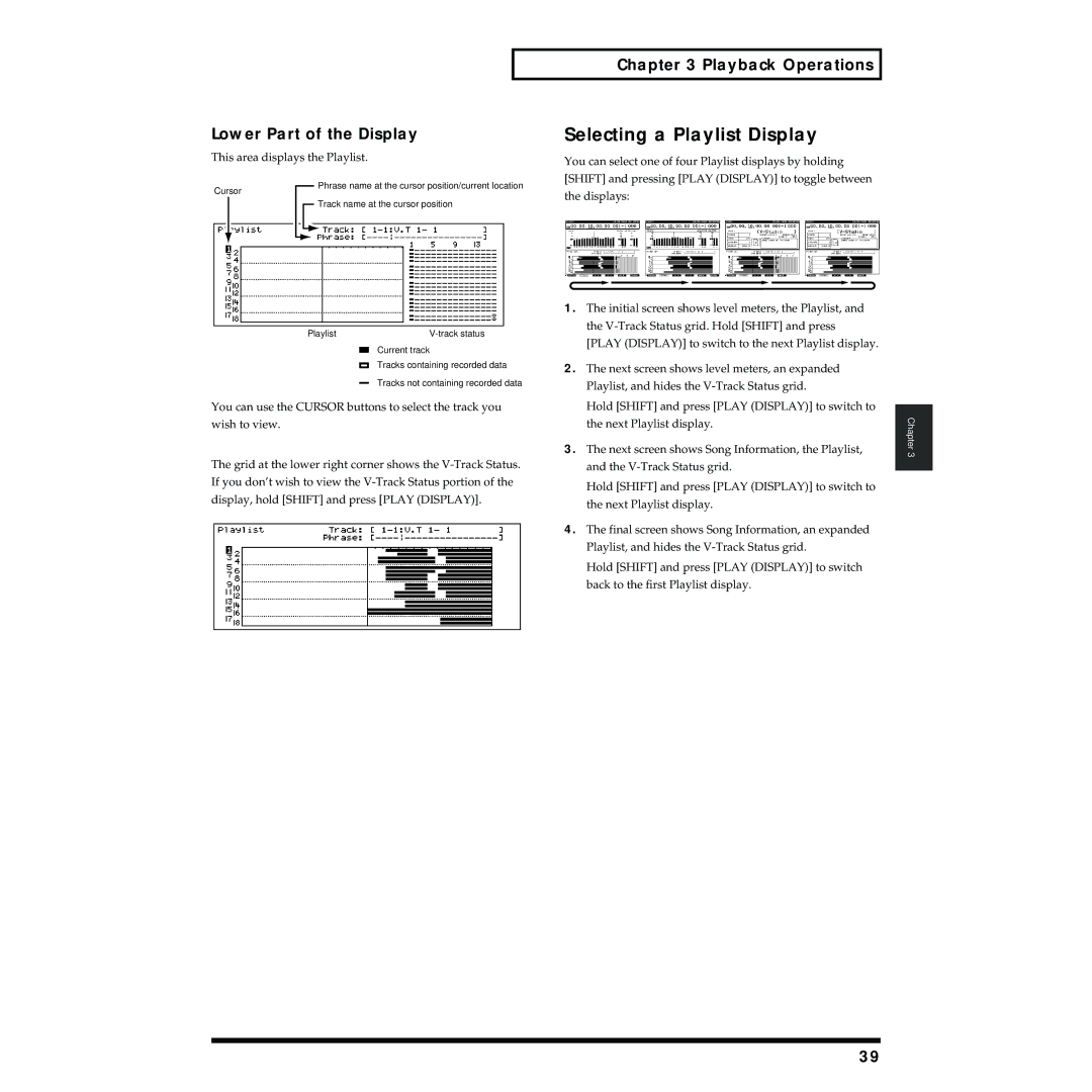 Roland VS-1824 owner manual Selecting a Playlist Display, Lower Part of the Display, Playback Operations 