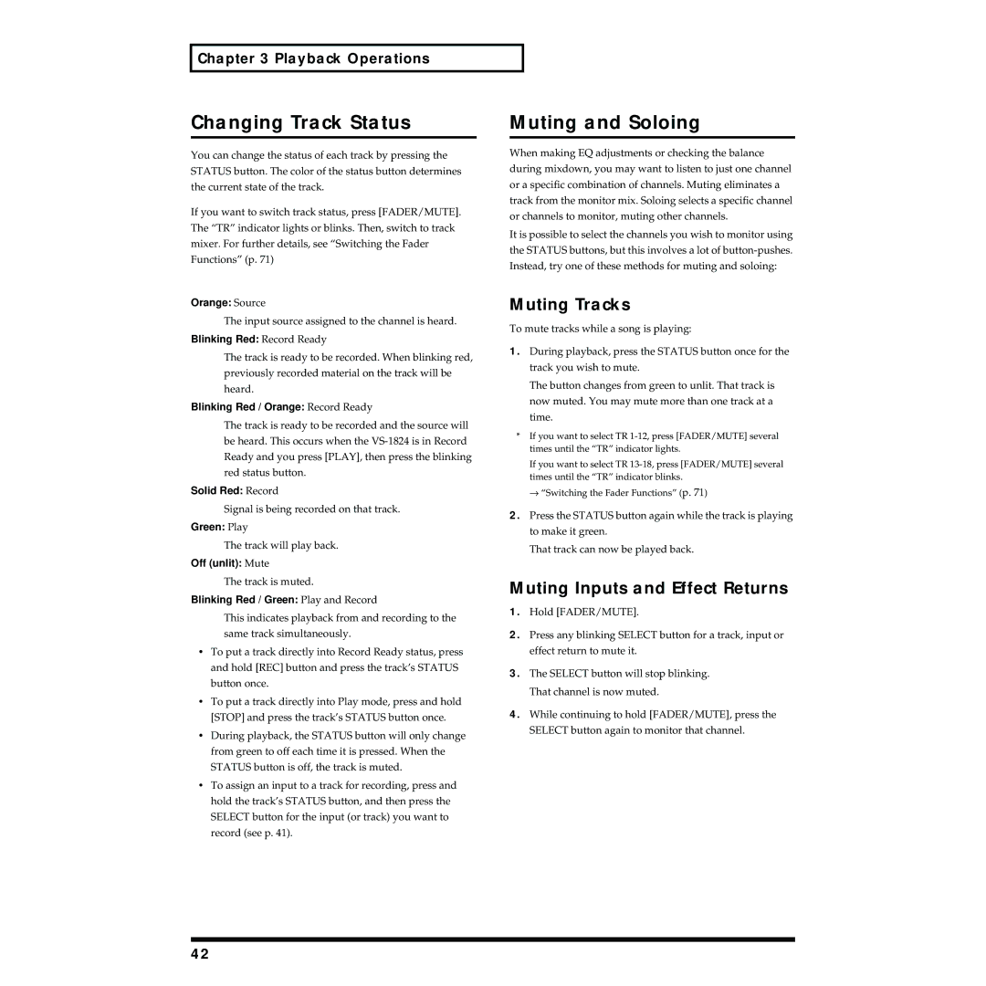 Roland VS-1824 owner manual Changing Track Status, Muting and Soloing, Muting Tracks, Muting Inputs and Effect Returns 