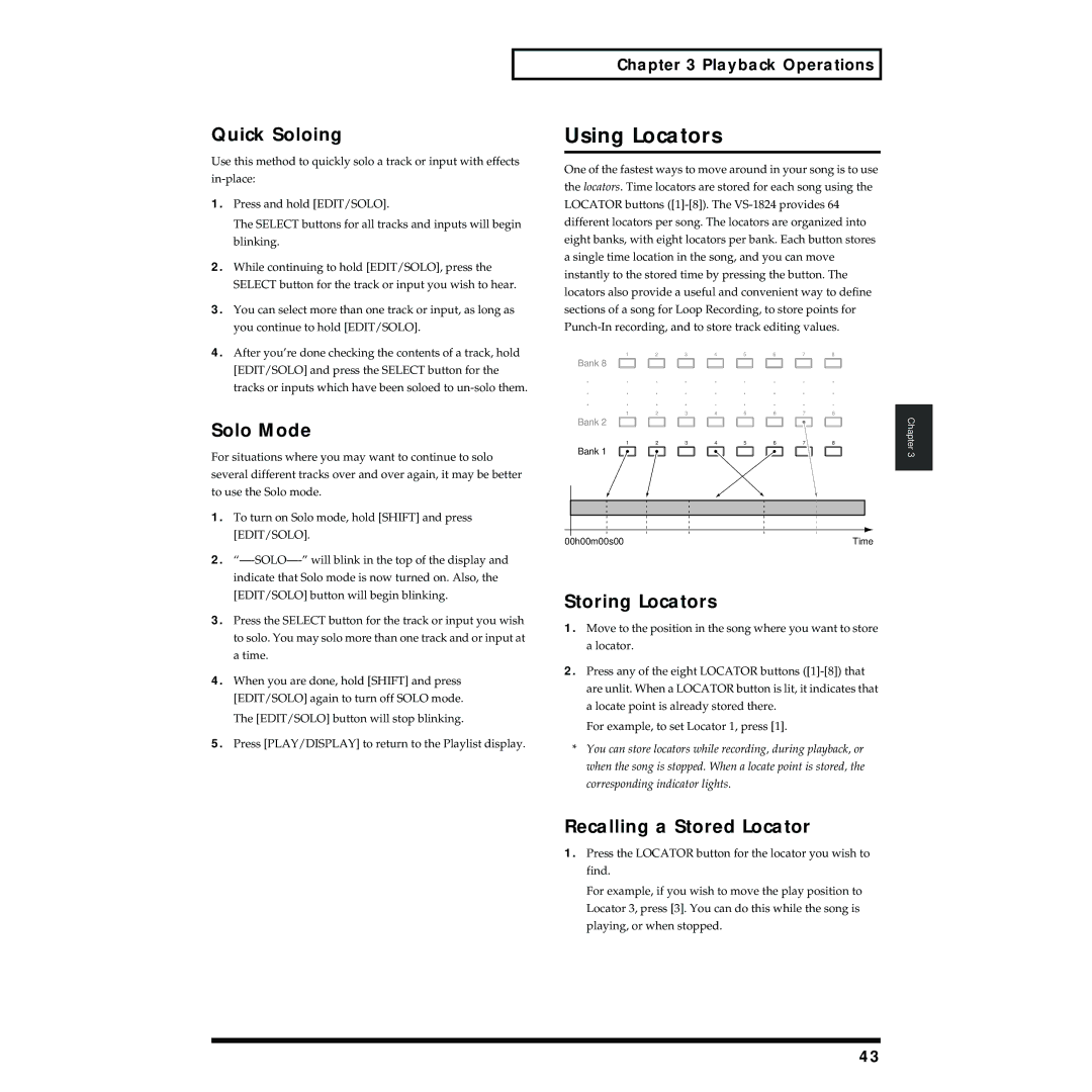 Roland VS-1824 owner manual Using Locators, Quick Soloing, Solo Mode, Storing Locators, Recalling a Stored Locator 