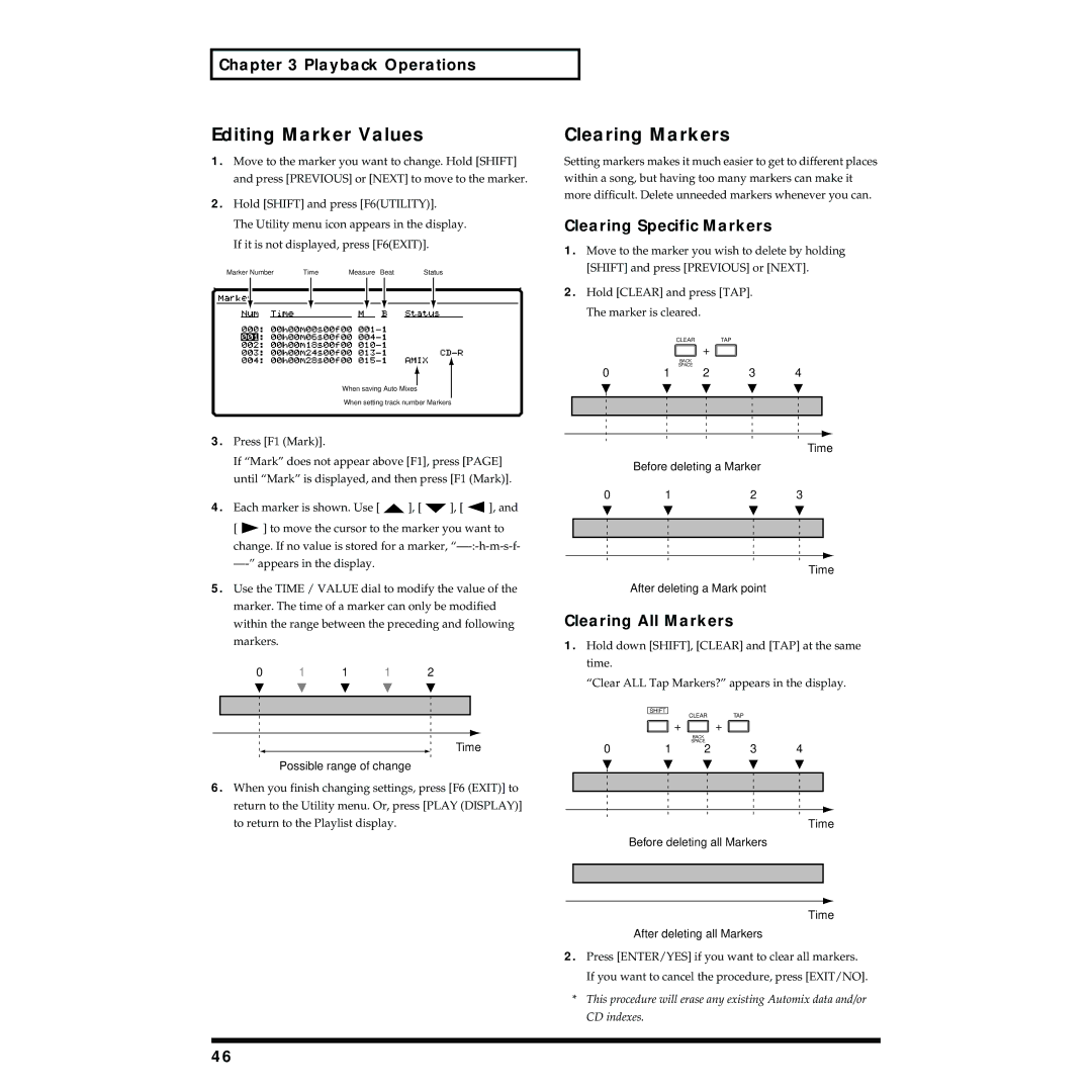 Roland VS-1824 owner manual Editing Marker Values, Clearing Markers, Clearing Specific Markers, Clearing All Markers 