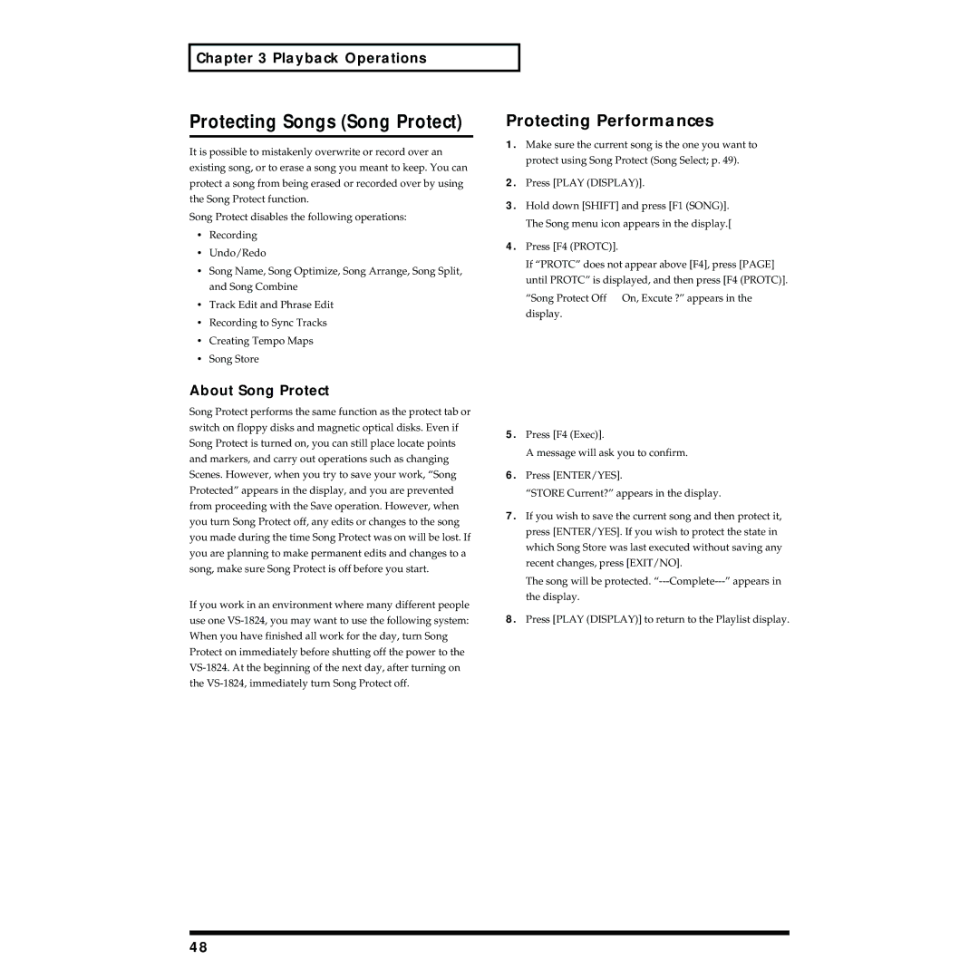 Roland VS-1824 owner manual Protecting Songs Song Protect, Protecting Performances, About Song Protect 
