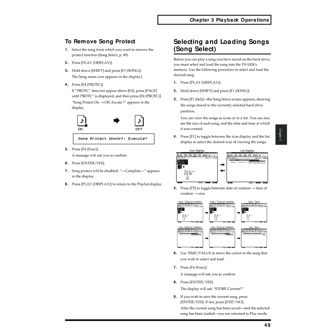 Roland VS-1824 owner manual Selecting and Loading Songs Song Select, To Remove Song Protect 