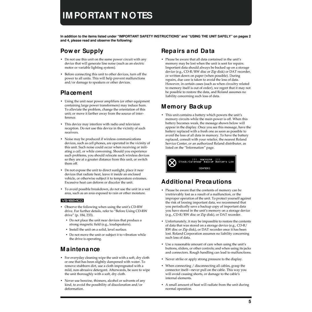 Roland VS-1824 owner manual Power Supply, Placement, Maintenance, Repairs and Data, Memory Backup, Additional Precautions 